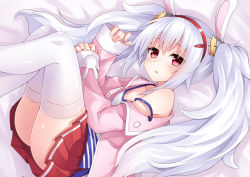 Rule 34 | 1girl, animal ears, azur lane, bare shoulders, bed sheet, breasts, camisole, cleavage, collarbone, commentary request, glint, hair between eyes, hair ornament, hairband, jacket, jewelry, komori kuzuyu, laffey (azur lane), long hair, long sleeves, looking at viewer, lying, off shoulder, on side, parted lips, pink jacket, pleated skirt, rabbit ears, red eyes, red hairband, red skirt, ring, silver hair, skirt, sleeves past wrists, small breasts, solo, strap slip, thighhighs, twintails, very long hair, wedding band, white camisole, white thighhighs