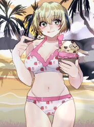 Rule 34 | 1girl, artist request, beach, blonde hair, blush stickers, breasts, fate/grand order, fate (series), food, food print, gareth (fate), gareth (swimsuit saber) (fate), gareth (swimsuit saber) (second ascension) (fate), green eyes, highres, ice cream, large breasts, palm tree, short hair, smile, strawberry print, tongue, tongue out, tree