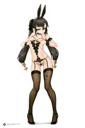 Rule 34 | 1girl, absurdres, alternate eye color, animal ears, black bra, black footwear, black garter belt, black hair, black hairband, black panties, black thighhighs, bra, breasts, closed mouth, collarbone, commentary request, cupless bra, fake animal ears, full body, garter belt, genshin impact, gluteal fold, grabbing own breast, grey eyes, hair between eyes, hair ornament, hairband, high heels, highres, l ract, legs apart, long hair, looking at viewer, mona (genshin impact), nipples, panties, rabbit ears, simple background, skindentation, small breasts, solo, standing, thighhighs, tsurime, twintails, underwear, underwear only, very long hair, white background, wrist cuffs