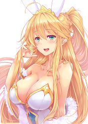 Rule 34 | 1girl, ahoge, animal ears, artoria pendragon (all), artoria pendragon (fate), artoria pendragon (swimsuit ruler) (fate), bare shoulders, blonde hair, blush, braid, breasts, cleavage, collarbone, fake animal ears, fate/grand order, fate (series), feather boa, french braid, goushou, green eyes, large breasts, leotard, long hair, looking at viewer, open mouth, playboy bunny, ponytail, rabbit ears, sidelocks, simple background, smile, solo, tiara, white background, white leotard