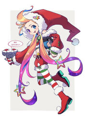 Rule 34 | 1girl, :p, aatrox, absurdres, alternate costume, blue eyes, blush, candy, candy cane, food, from side, fur-trimmed headwear, fur-trimmed shorts, fur trim, hair ornament, hat, hat ornament, heterochromia, highres, holding, kayn (league of legends), league of legends, lol kuno, long sleeves, midriff, multicolored hair, oversized hat, pantyhose, pink hair, purple eyes, purple hair, red footwear, red shorts, santa hat, shorts, simple background, solo, speech bubble, star (symbol), star hair ornament, star hat ornament, striped clothes, striped pantyhose, tongue, tongue out, translation request, white background, zoe (league of legends)
