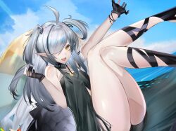 Rule 34 | 1girl, :d, ahoge, arknights, arm up, bare legs, black dress, black gloves, blue sky, cloud, commentary request, crocodilian tail, day, dress, eugle na, feet out of frame, gloves, grey hair, hair over one eye, hand up, highres, large tail, long hair, looking at viewer, multiple girls, open mouth, partial commentary, sky, sleeveless, sleeveless dress, smile, solo, tail, thighs, tomimi (arknights), two side up, yellow eyes