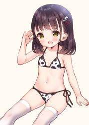 Rule 34 | 1girl, :d, animal print, bare arms, bare shoulders, bikini, black hair, blush, brown background, brown eyes, chitosezaka suzu, collarbone, commentary request, cow horns, cow print, feet out of frame, hair ornament, hairclip, hand up, horns, long hair, looking at viewer, open mouth, original, print bikini, side-tie bikini bottom, simple background, sitting, smile, solo, swimsuit, thighhighs, white bikini, white thighhighs