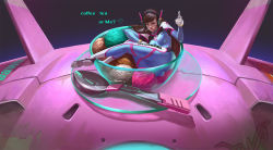 Rule 34 | 1girl, acronym, animal print, ass, bodysuit, bowl, breasts, brown eyes, brown hair, candy, clothes writing, d.va (overwatch), emblem, english text, facepaint, facial mark, finger gun, food, full body, glass, glass bowl, glass saucer, gloves, gradient background, gun, headphones, high collar, holding, holding gun, holding weapon, ice cream, in bowl, in container, in food, lollipop, long hair, looking at viewer, lying, mecha, medium breasts, meka (overwatch), mini person, minigirl, on side, overwatch, overwatch 1, pilot suit, pink lips, pointing, pointing at viewer, purple background, rabbit print, ribbed bodysuit, robot, saucer, shinkon santaku, shoulder pads, skin tight, solo, spoon, sundae, swept bangs, weapon, whisker markings, white gloves, x-dawn zeng