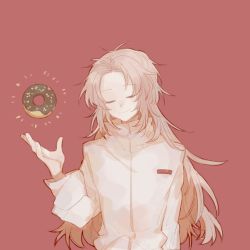Rule 34 | 1boy, chinese commentary, closed mouth, commentary request, doughnut, closed eyes, food, hand up, hatsutori hajime, high collar, highres, long hair, long sleeves, male focus, moumo, pink hair, red background, saibou shinkyoku, shirt, simple background, smile, solo, white shirt