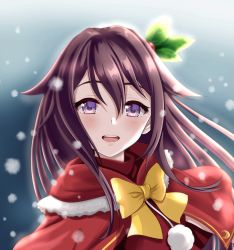 Rule 34 | 1girl, blush, brown hair, capelet, crescent, crescent pin, hair between eyes, kantai collection, kisaragi (kancolle), long hair, open mouth, pom pom (clothes), portrait, purple eyes, red capelet, santa costume, smile, snowing, solo, teeth, tk8d32, upper teeth only