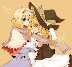 Rule 34 | 2girls, alice margatroid, apron, black skirt, blonde hair, blue eyes, blue skirt, braid, capelet, female focus, hair ribbon, hairband, hand on headwear, hat, heart, holding hands, kirisame marisa, multiple girls, open mouth, perfect cherry blossom, ribbon, scarf, shared clothes, shared scarf, shirt, skirt, skirt set, smile, touhou, witch, witch hat, yellow eyes, yuuta (monochrome)