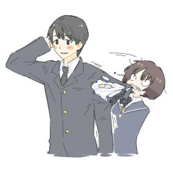 Rule 34 | &lt;|&gt; &lt;|&gt;, 1boy, 1girl, amagami, arm behind head, behind another, biting, black eyes, black hair, black jacket, black necktie, blazer, blush stickers, brother and sister, brown hair, clenched teeth, collared shirt, cropped torso, hand up, jacket, jibakurei (elite unchi), leaning back, long sleeves, motion lines, necktie, open mouth, school uniform, shirt, short hair, siblings, simple background, smile, tachibana jun&#039;ichi, tachibana miya, tearing clothes, teeth, torn clothes, upper body, upturned eyes, white background, white shirt