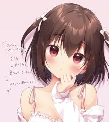Rule 34 | 1girl, :o, bare shoulders, blush, bow, brown hair, camisole, collarbone, commentary request, hair between eyes, hair bow, head tilt, highres, jacket, long sleeves, looking at viewer, miyasaka naco, off shoulder, open clothes, open jacket, original, parted lips, pink background, red eyes, short hair, simple background, sleeves past wrists, solo, two side up, white bow, white camisole, white jacket
