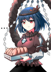 Rule 34 | ..., 1girl, absurdres, asayama akahi, black skirt, blue hair, breasts, commentary request, doughnut, food, frilled sleeves, frills, hair ornament, highres, layered sleeves, leaf hair ornament, long sleeves, medium breasts, mirror, red eyes, red skirt, rope, shimenawa, short hair, short over long sleeves, short sleeves, simple background, skirt, touhou, white background, yasaka kanako