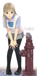 Rule 34 | 1girl, animal, berry, black pantyhose, blonde hair, blue eyes, blush, bow, english text, fire hydrant, full body, grin, hands on own knees, highres, loafers, long hair, long image, mibu natsuki, pantyhose, school uniform, shoes, skirt, smile, solo, standing, sweater vest, tall image, watch