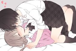 Rule 34 | bed sheet, black bow, black bowtie, black thighhighs, blonde hair, blush, bow, bowtie, brown hair, brown skirt, cardigan, closed eyes, commentary request, hair bun, heart, highres, holding hands, interlocked fingers, looking at another, multiple girls, original, pink cardigan, pink eyes, plaid, plaid skirt, rinlaby, school uniform, shirt, short hair, skirt, thighhighs, tomboy, wavy mouth, white shirt, yuri