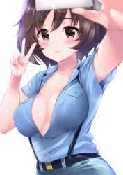 Rule 34 | 1girl, akiyama yukari, alternate costume, amasora taichi, aoshidan school uniform, belt, blue pants, blue shirt, blush, breast pocket, breasts, brown eyes, brown hair, buttons, cellphone, cleavage, closed mouth, collarbone, foreshortening, girls und panzer, hair between eyes, highres, holding, holding phone, large breasts, looking at viewer, messy hair, no bra, open clothes, open shirt, pants, phone, pocket, school uniform, selfie, shirt, short hair, short sleeves, simple background, smartphone, smile, solo, suspenders, upper body, v, white background