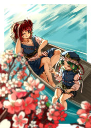 Rule 34 | 2girls, :p, absurdres, barefoot, black sash, black skirt, blouse, blue dress, blue vest, blurry, blurry foreground, boat, border, breasts, cleavage, closed mouth, coin, coin on string, commentary, dress, flower, frilled hat, frills, full body, green eyes, green hair, hair bobbles, hair ornament, hat, highres, holed coin, japanese clothes, kourou (kouroukun), long sleeves, medium breasts, multiple girls, obi, one eye closed, onozuka komachi, open mouth, outside border, partially submerged, pink flower, red eyes, red hair, ribbon, river, rod of remorse, sash, shiki eiki, shirt, short hair, skirt, sleeve bow, smile, symbol-only commentary, tongue, tongue out, touhou, two side up, vest, water, watercraft, white border, white shirt