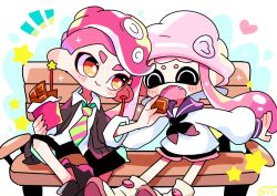 Rule 34 | 1boy, 1girl, beanie, chocolate, closed eyes, commentary, feeding, hat, heart, highres, inkling, inkling girl, inkling player character, long hair, mohawk, nintendo, octoling, octoling boy, octoling player character, on bench, open mouth, pink hair, pink headwear, pointy ears, red eyes, short hair, sitting, sparkle, splatoon (series), splatoon 3, symbol-only commentary, tentacle hair, thick eyebrows, white background, wooden bench, yoshishi (yosisitoho)