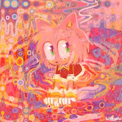 Rule 34 | 1girl, abstract, abstract background, amy rose, animal ears, animal nose, closed mouth, commentary, dress, english commentary, furry, furry female, gloves, green eyes, highres, red dress, signature, solo, sonic (series), wellspkd, white gloves
