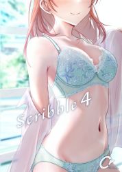 Rule 34 | 1girl, blurry, blurry background, blush, bra, breasts, cleavage, collarbone, cover, cover page, cyde, green bra, green panties, groin, head out of frame, hojo karen, idolmaster, idolmaster cinderella girls, lace, lace-trimmed bra, lace-trimmed panties, lace trim, medium breasts, navel, open clothes, open shirt, orange hair, panties, shiny skin, shirt, smile, solo, split mouth, underwear, white shirt