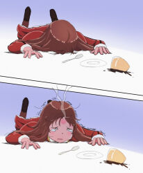 Rule 34 | 1girl, 2koma, ass, boots, breasts, brown hair, comic, crying, dot eyes, erica fontaine, failure, food, highres, humor, injury, legs, long hair, lying, medium breasts, nun, on stomach, open mouth, pudding, sakura taisen, sega, solo, tears, thighs, trembling, tripping, wavy mouth