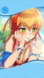 Rule 34 | 1girl, artist request, bead necklace, beads, blush, breasts, cleavage, drinking straw, framed image, green eyes, hair between eyes, hand on own cheek, hand on own face, highres, in mouth, jewelry, multicolored hair, necklace, official art, orange hair, othinus (phantom of the kill), phantom of the kill, smile, swimsuit, two-tone hair