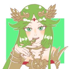 Rule 34 | 1girl, abababu000, bare shoulders, blush, bracelet, breasts, choker, commission, commissioner upload, dress, eating hair, fork, green eyes, green hair, jewelry, kid icarus, kid icarus uprising, long hair, looking at viewer, necklace, nintendo, open mouth, palutena, parted bangs, pendant, simple background, skeb commission, sleeveless, sleeveless dress, smile, solo, strapless, strapless dress, upper body, very long hair, white dress