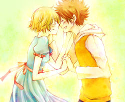 Rule 34 | 1boy, 1girl, blonde hair, blush, brown hair, couple, dress, closed eyes, face-to-face, forehead-to-forehead, holding hands, hand on another&#039;s face, happy, heads together, hetero, hood, hoodie, interlocked fingers, katekyo hitman reborn!, open mouth, own hands together, profile, ribbon, sani (nmk sunny), sasagawa kyouko, sawada tsunayoshi, short hair, smile