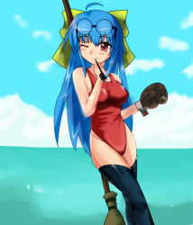 Rule 34 | 1girl, bad id, bad pixiv id, beach, blue hair, broom, day, glasses, gloves, holding, holding smoking pipe, kiari, long hair, one-piece swimsuit, pipe in mouth, red eyes, smoking pipe, solo, swimsuit, thighhighs