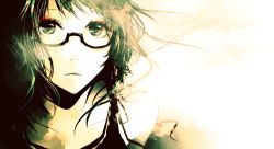 Rule 34 | 1girl, alternate costume, black-framed eyewear, closed mouth, collarbone, dlei, expressionless, eyelashes, floating hair, glasses, green eyes, green hair, gumi, highres, light frown, looking at viewer, makeup, matching hair/eyes, messy hair, pale skin, parted lips, portrait, semi-rimless eyewear, shade, short hair, simple background, solo, under-rim eyewear, upper body, vocaloid, white background