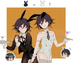 Rule 34 | 4boys, :d, ahoge, animal ears, bare shoulders, black jacket, black leotard, black ribbon, butter (butter38700739), checkered necktie, closed eyes, collarbone, danganronpa (series), danganronpa v3: killing harmony, detached collar, dual persona, grey leotard, hair between eyes, happy, highres, holding, holding tray, jacket, leotard, male playboy bunny, multiple boys, neck ribbon, necktie, notice lines, open mouth, orange background, oma kokichi, pantyhose, purple eyes, rabbit boy, rabbit ears, rabbit tail, ribbon, saihara shuichi, short necktie, smile, tail, teeth, thighhighs, tongue, tongue out, trap, tray, upper teeth only, white background, wrist cuffs