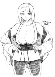 Rule 34 | 1girl, bare shoulders, breasts, cleavage, collarbone, cropped legs, dated, eyes visible through hair, facial mark, forehead mark, greyscale, hands on own hips, huge breasts, mature female, medium hair, monochrome, naruto, naruto (series), off-shoulder jacket, off shoulder, sash, simple background, solo, standing, tsukudani (coke-buta), tsunade (naruto), white background