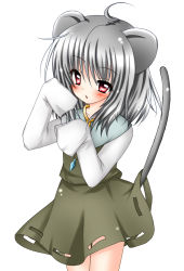 Rule 34 | 1girl, ahoge, animal ears, blush, capelet, female focus, gem, grey hair, highres, jewelry, long sleeves, looking at viewer, mouse ears, mouse tail, mu-syamu, nazrin, necklace, oversized clothes, paw pose, pendant, red eyes, shirt, short hair, skirt, skirt set, solo, tail, touhou, vest