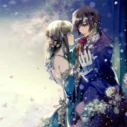 Rule 34 | 1boy, 1girl, backless dress, backless outfit, black hair, blue dress, c.c., code geass, dancing, detached sleeves, dress, earrings, eye contact, flower, formal, gloves, green gloves, green hair, hair ornament, jewelry, lelouch vi britannia, long hair, looking at another, meimi k, petals, purple eyes, sleeveless, sleeveless dress, standing, white flower, white gloves