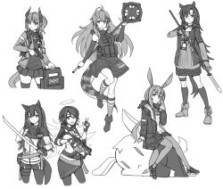 Rule 34 | 6+girls, ;d, amiya (arknights), animal ears, antenna hair, arknights, arm warmers, ballistic shield, bare shoulders, boots, closed mouth, crocodilian tail, cropped legs, curled horns, dazzler (weapon), detached wings, dress, electroshock weapon, exusiai (arknights), fang (arknights), fingerless gloves, flash shield, flashlight, gavial (arknights), glock, gloves, greyscale, gun, hair between eyes, halo, hand up, handgun, highres, holding, holding gun, holding staff, holding sword, holding weapon, hood, hood down, hooded jacket, horns, jacket, jewelry, kneehighs, kriss vector, layered sleeves, less-than-lethal weapon, liskarm (arknights), long hair, long sleeves, monochrome, multiple girls, ndtwofives, one eye closed, open clothes, open jacket, open mouth, pantyhose, pistol, pleated skirt, polearm, ponytail, rabbit ears, ring, riot shield, shield, shirt, shoes, short over long sleeves, short sleeves, simple background, sitting, skirt, sleeveless, sleeveless shirt, sleeves past wrists, smile, socks, spear, staff, standing, standing on one leg, stuffed animal, stuffed rabbit, stuffed toy, stun shield, submachine gun, sword, tail, texas (arknights), very long hair, weapon, white background, wings