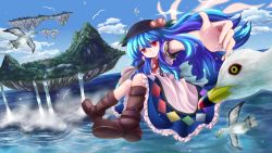 Rule 34 | 1girl, bad id, bad pixiv id, bird, blue hair, blue sky, boots, cloud, day, dress, floating island, flying, food, foreshortening, fruit, hat, highres, hinanawi tenshi, knees together feet apart, knees up, layered dress, leaf, light particles, long hair, looking at viewer, maru daizu (aqua6233), ocean, outdoors, outstretched hand, parted lips, peach, puffy short sleeves, puffy sleeves, red eyes, seagull, short sleeves, sky, solo, sword of hisou, touhou, water, waterfall