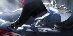 Rule 34 | 2boys, absurdres, aisatsaa, black footwear, blood, blood from mouth, blood on ground, cigarette, face down, gallagher (honkai: star rail), gloves, grey hair, grey jacket, hair over one eye, halo, halo behind head, head wings, highres, honkai: star rail, honkai (series), indoors, jacket, light particles, long sleeves, looking to the side, lying, male focus, medium hair, multiple boys, on ground, on stomach, out of frame, pants, parted lips, red pants, shoes, standing, stepped on, sunday (honkai: star rail), sweat, twitter username, white gloves, white wings, wide-eyed, wings, yellow eyes