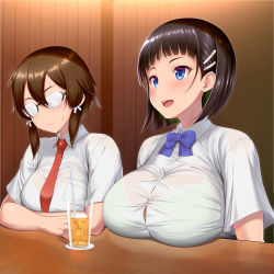 Rule 34 | 2girls, puff of air, absurdres, asada shino, black hair, blue eyes, blue ribbon, blunt bangs, blush, bra, bra peek, bra visible through clothes, breast envy, breast rest, breasts, breasts on table, brown hair, bursting breasts, button gap, collared shirt, commentary request, cup, dress shirt, drinking glass, drinking straw, emphasis lines, glasses, green bra, hair ornament, hair tie, hairclip, highres, indoors, kawase seiki, kirigaya suguha, large breasts, medium breasts, multiple girls, necktie, opaque glasses, open mouth, red neckwear, ribbon, round teeth, see-through, semi-rimless eyewear, shirt, short hair, short sleeves, short twintails, sitting, smile, sweat, sword art online, table, tea, teeth, twintails, underwear, wavy mouth, white shirt, wing collar