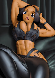 Rule 34 | 1girl, abs, arms up, arung samudra (cessa), biceps, black hair, black pants, blue eyes, bracelet, breasts, cessa, cowboy shot, curtains, dark-skinned female, dark skin, jewelry, large breasts, looking at viewer, midriff, navel, ombok diving and delivery services, pants, parted lips, short hair, sitting, skindentation, solo