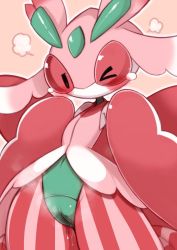 Rule 34 | artist request, blush, bug, creatures (company), game freak, gen 7 pokemon, lurantis, nintendo, no humans, one eye closed, orchid mantis, pink eyes, pinstripe pattern, pokemon, pokemon (creature), pokemon sm, praying mantis, pussy, pussy juice, red eyes, simple background, solo, striped, tagme, wink