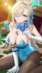 Rule 34 | 13 (spice!!), 1girl, animal ears, armpits, ass, asuna (blue archive), asuna (bunny) (blue archive), black pantyhose, blue archive, blue eyes, blurry, bow, breasts, card, casino, cleavage, coin, commentary request, depth of field, detached collar, elbow gloves, fake animal ears, gloves, hair bow, hair over one eye, hair ribbon, hairband, halo, highleg, highleg leotard, highres, holding, holding card, indoors, large breasts, leotard, light brown hair, long hair, looking at viewer, mole, mole on breast, object on breast, official alternate costume, pantyhose, playboy bunny, playing card, rabbit ears, ribbon, sidelocks, sitting, sleeveless, solo, strapless, strapless leotard, table, wariza, white gloves