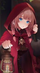 Rule 34 | 1girl, black shirt, blue eyes, blunt bangs, blurry, blurry background, braid, brown skirt, cloak, commentary request, hair ornament, highres, holding, holding hood, holding lantern, hololive, hood, hood up, hooded cloak, lantern, long sleeves, looking at viewer, low twin braids, official alternate costume, official alternate hairstyle, parted bangs, pink hair, puffy long sleeves, puffy sleeves, red cloak, shirt, skirt, solo, takane lui, takane lui (3rd costume), twin braids, upper body, usushio, virtual youtuber