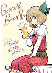 Rule 34 | 1girl, alcohol, beer, beerko, bow, brown eyes, brown hair, cup, dra (area-s), hair bow, original, sitting, translation request