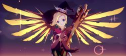 Rule 34 | 1girl, blonde hair, blue eyes, bodice, breasts, brown gloves, cleavage, earrings, elbow gloves, gloves, glowing, glowing wings, gradient background, gun, halloween costume, handgun, hat, head tilt, high ponytail, highres, holding, holding gun, holding staff, holding weapon, ini (337925195), jack-o&#039;-lantern, jack-o&#039;-lantern earrings, jewelry, looking at viewer, mechanical wings, medium breasts, mercy (overwatch), official alternate costume, overwatch, overwatch 1, pistol, purple background, short sleeves, solo, spread wings, staff, trigger discipline, upper body, weapon, wings, witch, witch hat, witch mercy, yellow wings