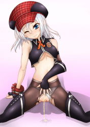 Rule 34 | 10s, 1girl, alisa ilinichina amiella, bad id, bad pixiv id, bare shoulders, blue eyes, blue hair, blush, boots, breasts, clothing aside, elbow gloves, fingerless gloves, gloves, god eater, god eater burst, gride, hat, highres, large breasts, matching hair/eyes, midriff, navel, one eye closed, panties, panties aside, panties under pantyhose, pantyhose, pee, peeing, pussy, sitting, solo, thigh boots, thighhighs, torn clothes, torn legwear, uncensored, underboob, underwear, wink