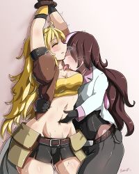 Rule 34 | 2girls, arm around waist, arms up, artist name, bakasenpai, bdsm, belly, belly rub, black gloves, blonde hair, blush, breasts, brown hair, cleavage, closed eyes, commission, cropped jacket, gloves, groin, kiss, licking, licking another&#039;s neck, long hair, medium breasts, midriff, multicolored hair, multiple girls, navel, navel fingering, navel insertion, neo politan, pants, pink background, pink hair, restrained, rwby, shorts, simple background, strapless, sweat, tube top, yang xiao long, yuri