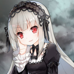 Rule 34 | 1girl, bad id, bad pixiv id, black ribbon, blunt bangs, cloud, cloudy sky, commentary request, detached collar, doll joints, frilled sleeves, frills, gothic lolita, grey hair, hairband, hand on own cheek, hand on own face, head tilt, joints, lolita fashion, lolita hairband, long hair, looking at viewer, parted lips, red eyes, ribbon, rozen maiden, sky, slit pupils, smile, solo, suigintou, tengxiang lingnai, tsurime