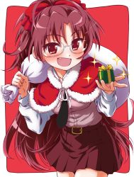 Rule 34 | 1girl, bespectacled, black necktie, capelet, christmas, commentary request, cowboy shot, fang, fur-trimmed capelet, fur trim, gift, glasses, grey-framed eyewear, heart, highres, holding, holding gift, holding sack, inoue kouji, leaning forward, long hair, long sleeves, looking at viewer, mahou shoujo madoka magica, mahou shoujo madoka magica (anime), miniskirt, necktie, open mouth, outside border, over shoulder, pink shirt, pleated skirt, purple eyes, purple hair, purple skirt, red background, red capelet, sack, sakura kyoko, santa costume, shirt, skirt, smirk, solo, sparkle, standing, textless version, white shirt