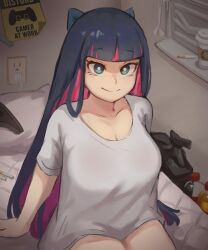 Rule 34 | 1girl, absurdres, alternate costume, arm support, blunt bangs, bow, breasts, colored inner hair, grey shirt, hair bow, hexlaze, highres, indoors, large breasts, long hair, looking at viewer, multicolored hair, panty &amp; stocking with garterbelt, pink hair, shirt, sitting, smile, solo, stocking (psg), two-tone hair