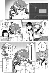 Rule 34 | 3girls, 4girls, akebono (kancolle), bell, bow, chibi, chibi inset, closed eyes, comic, commentary request, flower, greyscale, hair bell, hair between eyes, hair flower, hair ornament, hair tie, headphones, highres, hugging own legs, imagining, kantai collection, long hair, magical girl, monochrome, multiple girls, one eye closed, pleated skirt, sazanami (kancolle), school uniform, serafuku, shino (ponjiyuusu), short sleeves, side ponytail, skirt, star (symbol), staring, sweatdrop, television, thought bubble, translation request, twintails, ushio (kancolle)