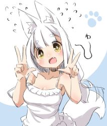 Rule 34 | 1girl, :d, afterimage, animal ear fluff, animal ears, bad id, bad pixiv id, bare arms, bare shoulders, blue background, blush, breasts, camisole, cleavage, collarbone, double v, fang, flying sweatdrops, fox ears, fox girl, fox tail, hair ribbon, hands up, head tilt, long hair, medium breasts, open mouth, original, ribbon, skirt, smile, solo, strap slip, tail, tail wagging, two-tone background, u-non (annon&#039;an), v, white background, white camisole, white hair, white ribbon, white skirt, yellow eyes