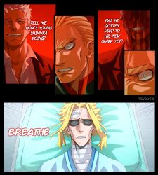 Rule 34 | 2boys, all for one (boku no hero academia), all might, bandages, bed, black sclera, blonde hair, blood, blue eyes, boku no hero academia, colored sclera, comic, covered collarbone, english text, grin, highres, hospital gown, lying, male focus, multiple boys, on back, pillow, smile, teeth, trevo (trevoshere), yagi toshinori