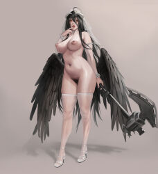 Rule 34 | 1girl, albedo (overlord), axe, black hair, black wings, breasts, bridal veil, detached sleeves, drooling, fangs, feathered wings, female pubic hair, finger to mouth, full body, high heels, highres, jeneral, large breasts, long hair, looking at viewer, low wings, naughty face, navel, nipples, nude, overlord (maruyama), pubic hair, saliva, saliva trail, simple background, solo, standing, stomach, thighhighs, veil, very long hair, white footwear, wings, yellow eyes